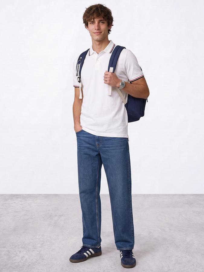 R&B Men Ivory Textured Short Sleeves Polo Collar T-Shirt