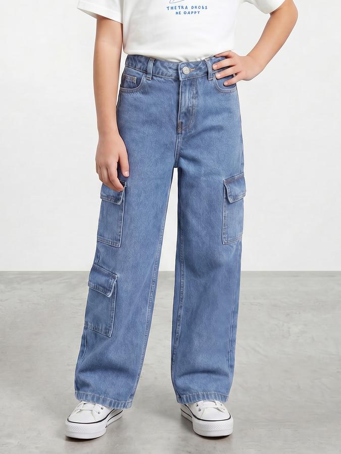 R&B Girls Navy Blue Regular Fit Solid Mid-Rise Cotton Jeans