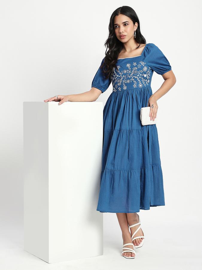 Women Cotton A-Line Midi Embroidered Dress