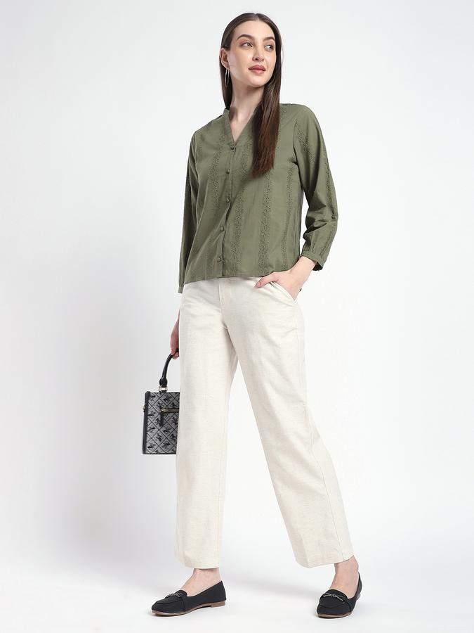 Women Cotton Straight Leg High Rise Solid Pants