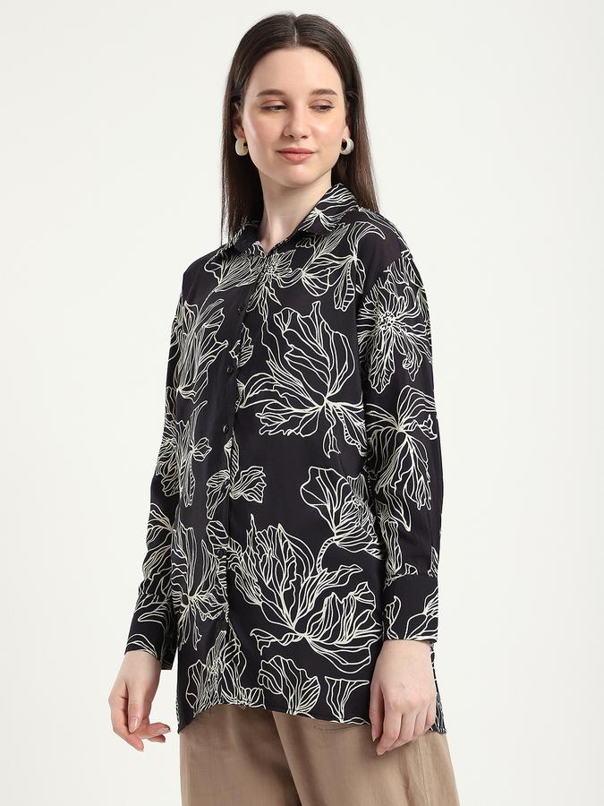 R&B Women Black Leaf Print Shirt