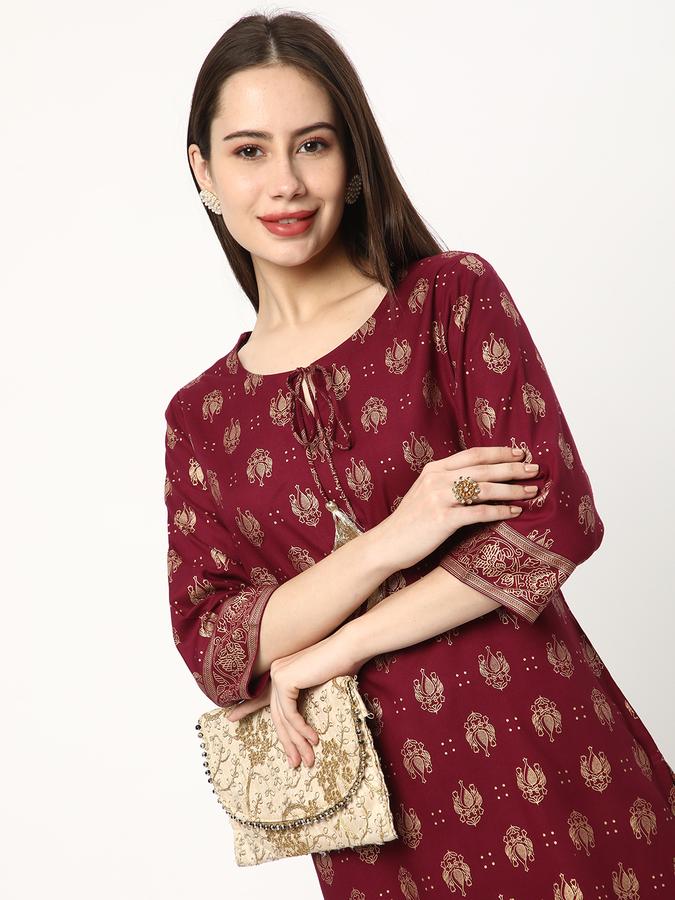 Women Rayon Regular Fit Tie Up Neck Printed Kurta