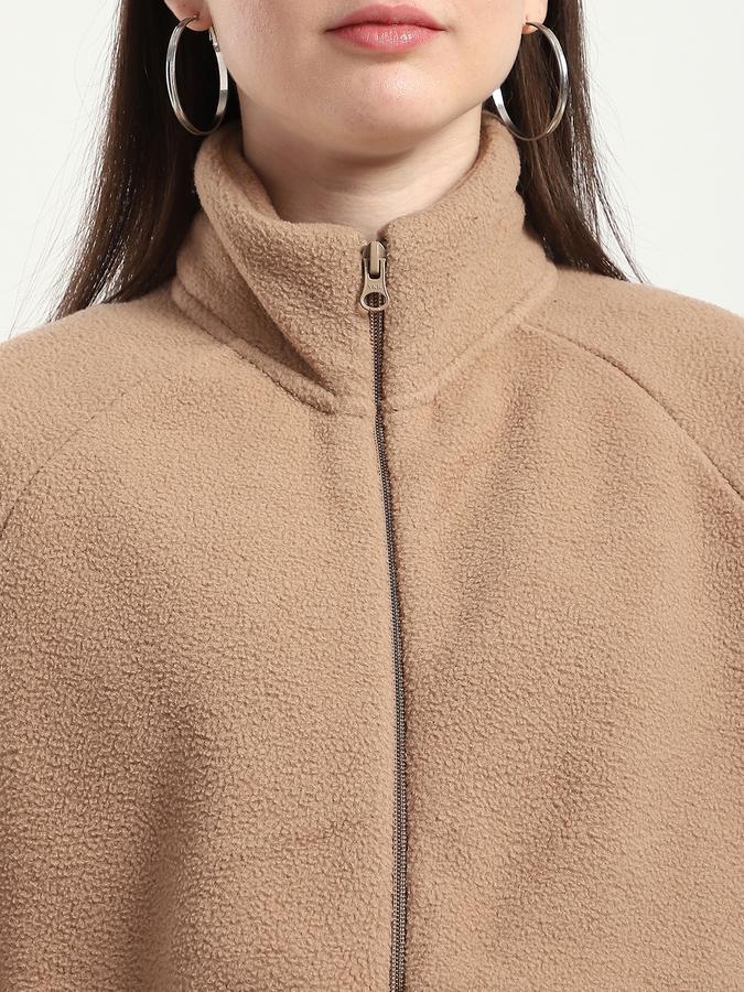 Women Polyester Relaxed Fit Fleece High Neck Jacket