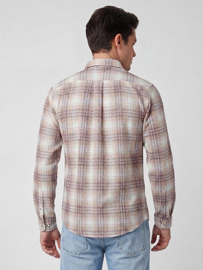 R&B Maroon Checked Men Spread Collar Long Sleeves Shirt