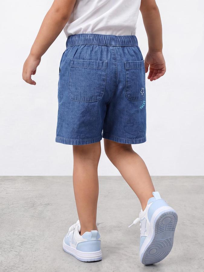 R&B Boys Medium Blue Self Design Regular Fit Mid Rise Denim Shorts