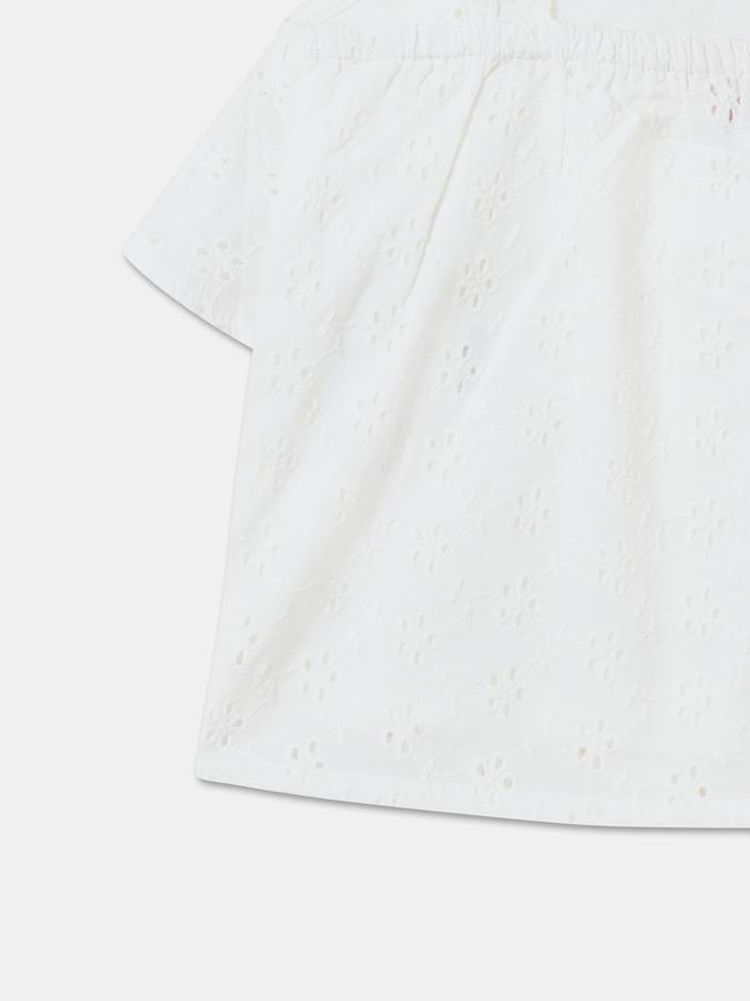 Girls Cotton Relaxed Fit Asymmetric Neck Short Sleeve Ruffled Eyelet Top