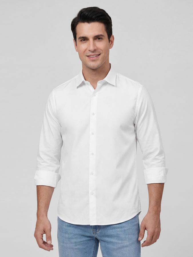 R&B White Solid Men Spread Collar Long Sleeves Shirt