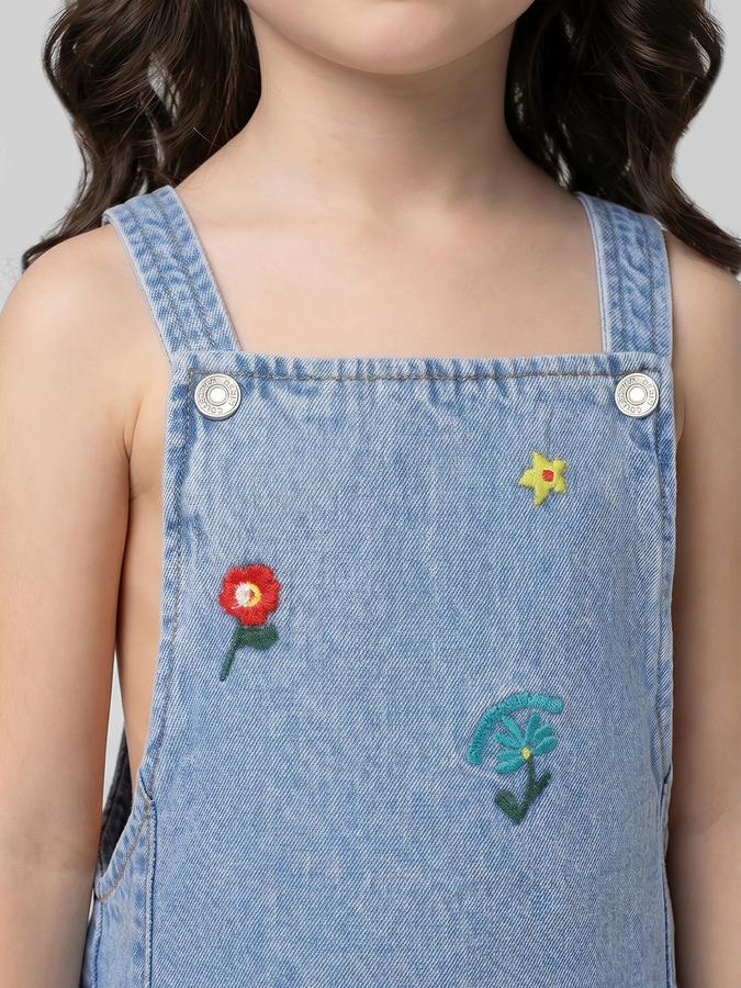 R&B Blue Floral Print Square Neck Sleeveless Pinafore Mini Girls Dress