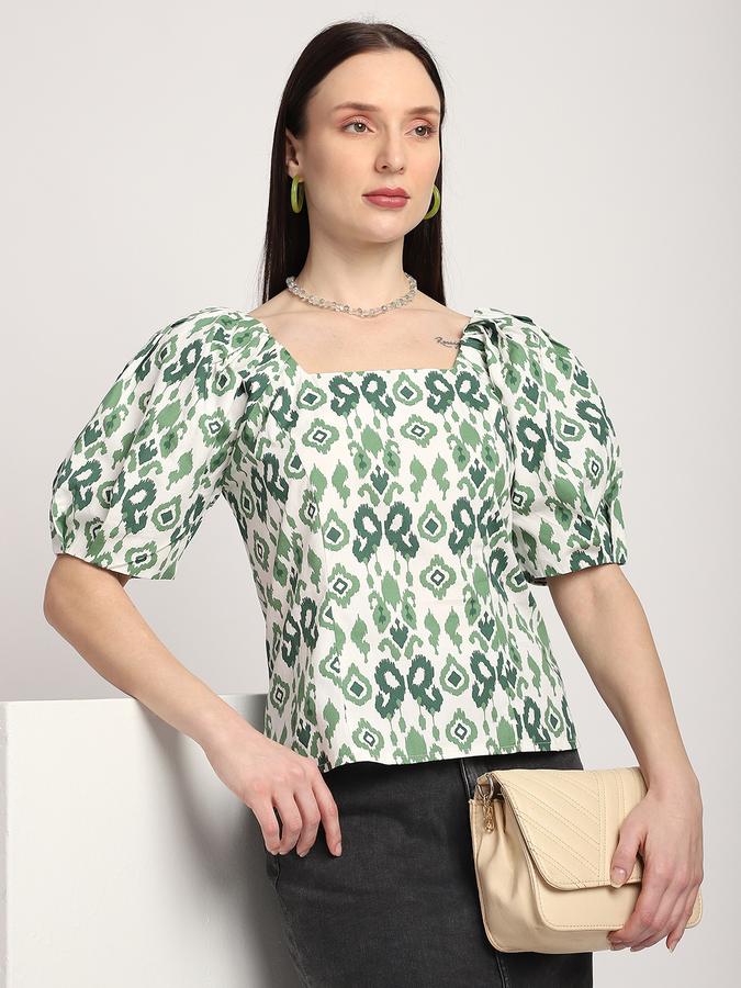 R&B Women Green Ikat Print Puff-Sleeve Top