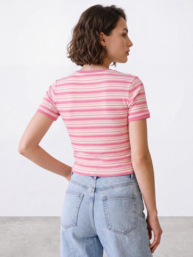 R&B Womens Pink Round Neck Short Sleeves Striped Crop Top