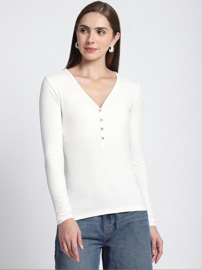 R&B Womens Ivory Self Design V-Neck Long Sleeves T-shirt