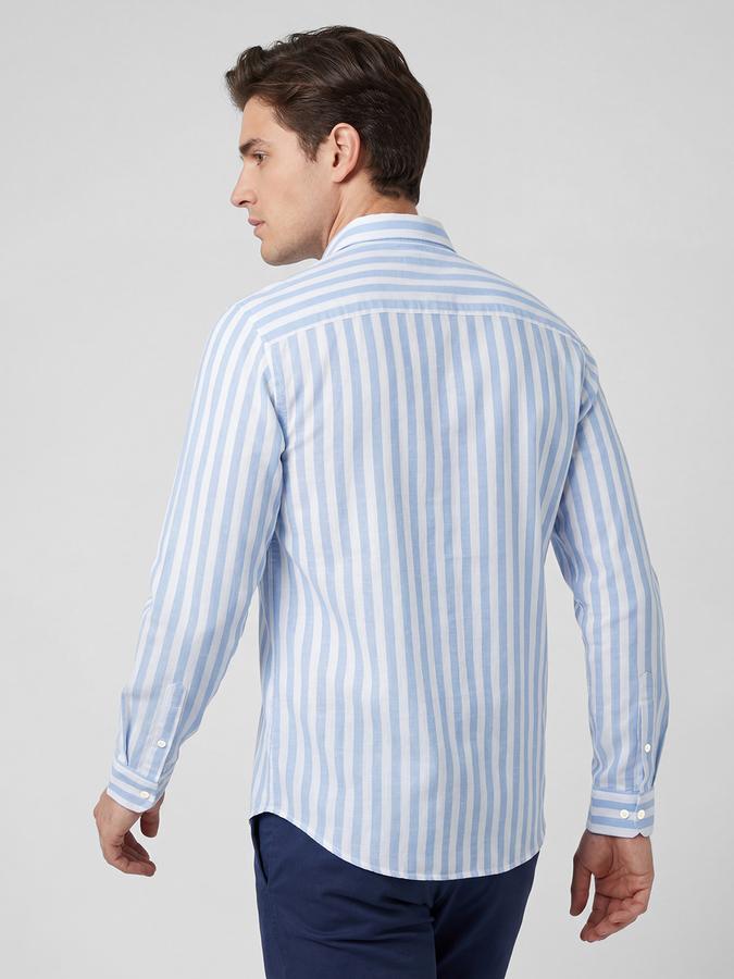 R&B Blue Striped Men Spread Collar Long Sleeves Shirt