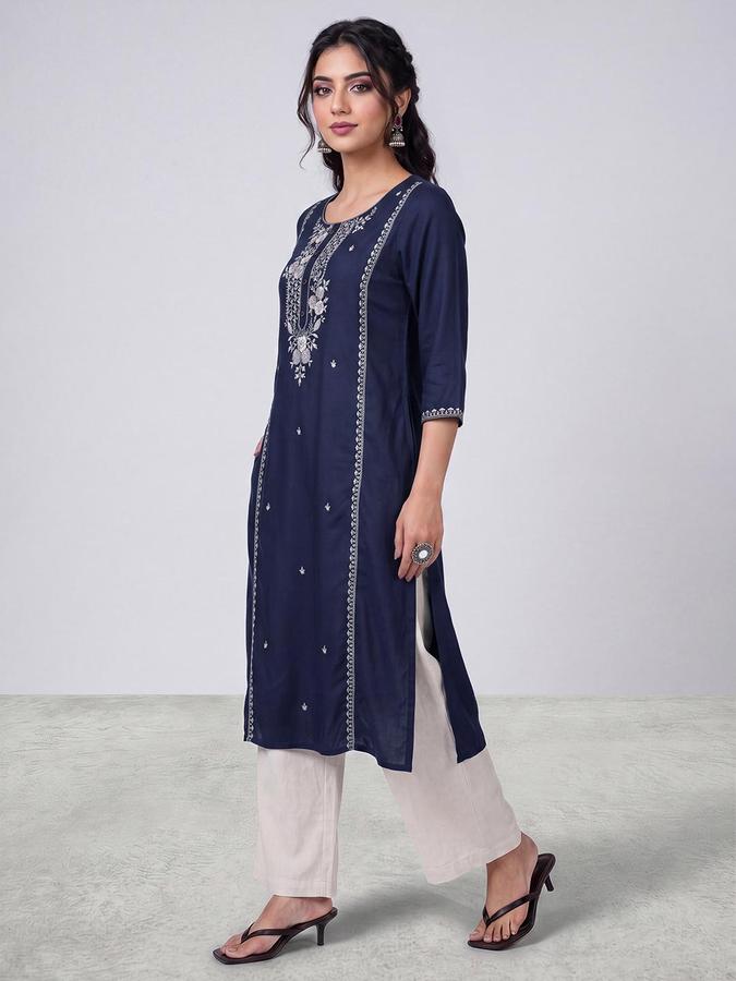 R&B Women Navy Blue Floral Embroidery Round Neck Three-Quarter Sleeves Ethinic Kurta