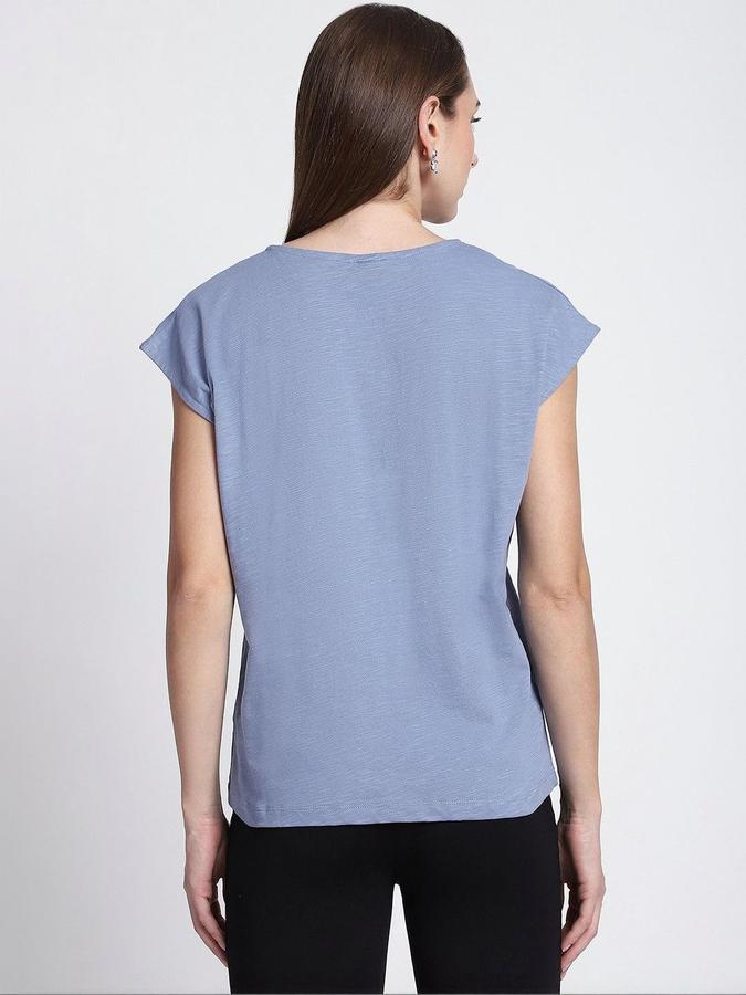 R&B Womens Blue Solid Round Neck Short Sleeves Top