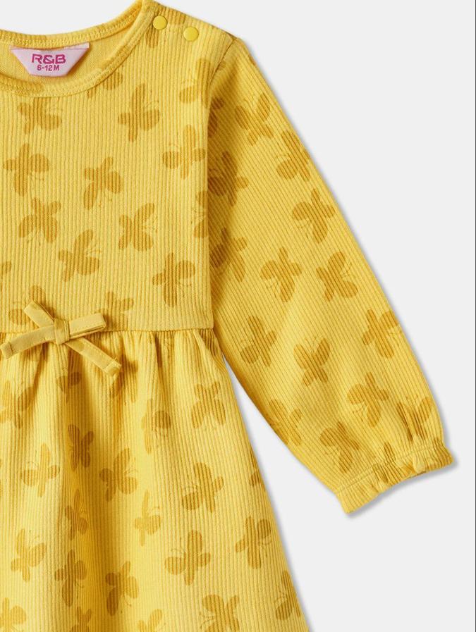 R&B Yellow Floral Printed Girls Long Sleeves Dress
