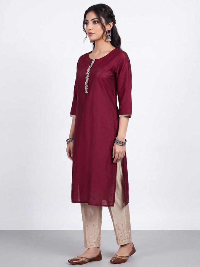 R&B Women Maroon Floral Embroidery Round Neck Three-Quarter Sleeves Ethinic Kurta