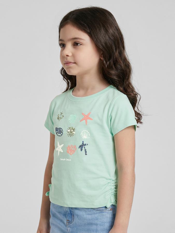 R&B Green Graphic Print Girls Round Neck Regular Fit Short Sleeves T-Shirt 