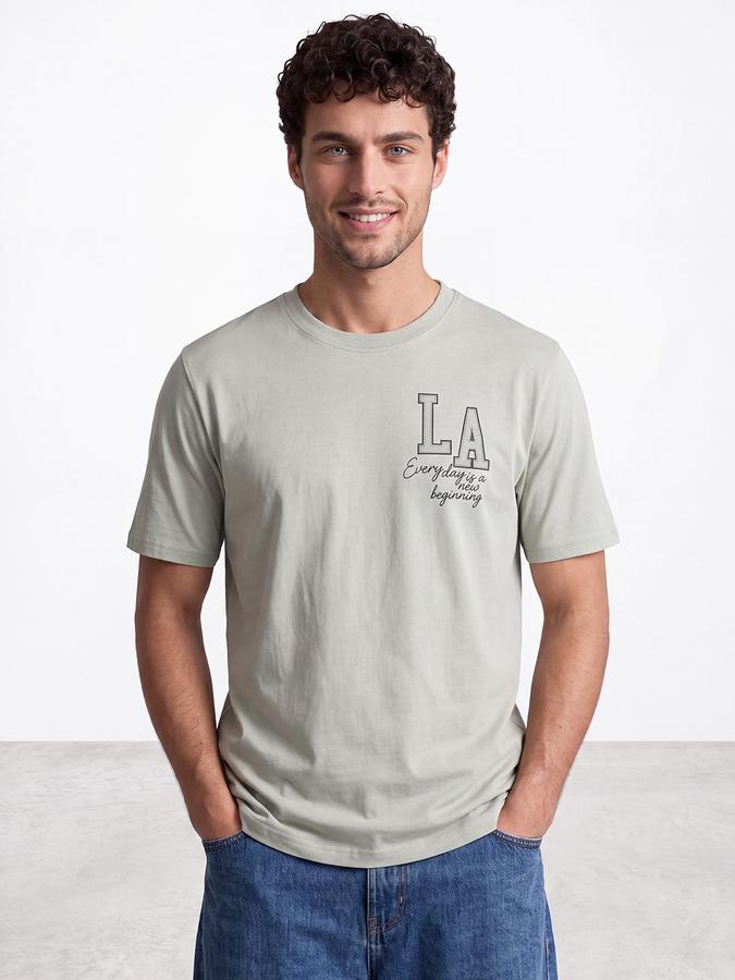 R&B Men Light Green Short Sleeve Round Neck Typography Print T-Shirt