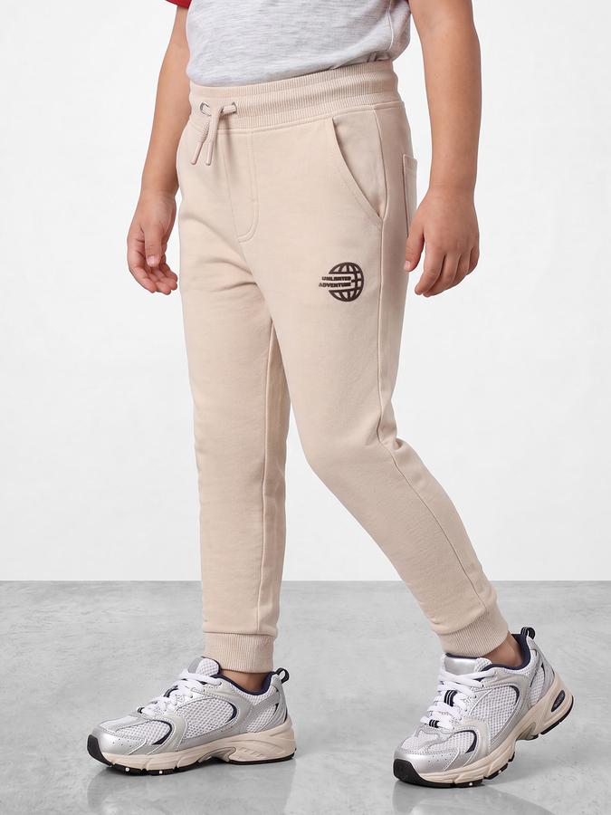 R&B Boys Beige Printed Pure Cotton Mid Rise Joggers