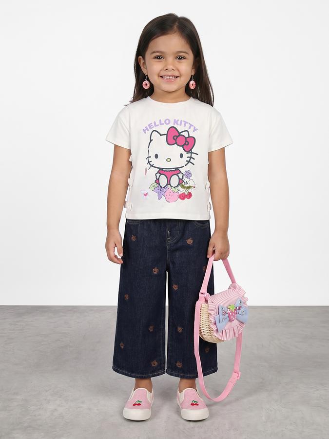 R&B Girls White Regular Fit Hello Kitty Printed Short Sleeve T-shirt