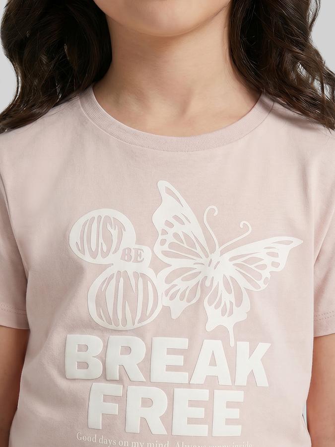 R&B Peach Graphic Print Girls Round Neck Regular Fit Short Sleeves T-Shirt 