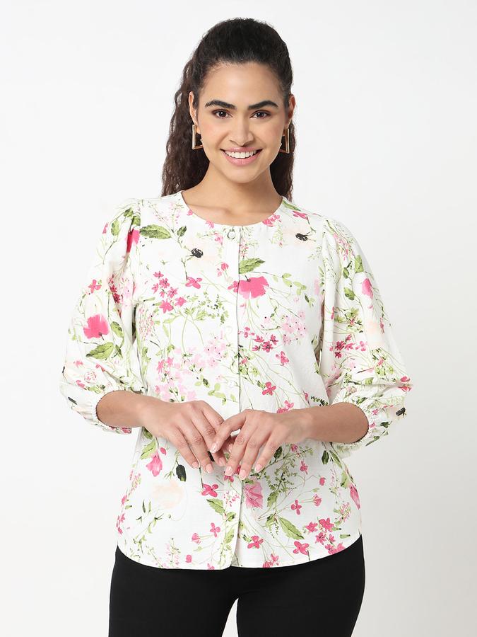 Women Viscose Blend Relaxed Fit Round Neck Floral Top