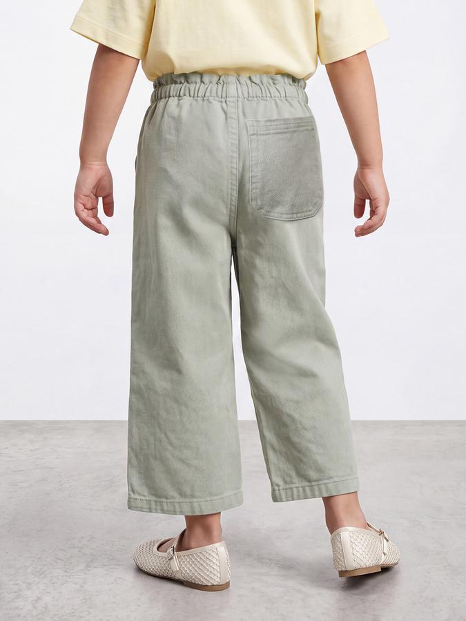 R&B Girls Green Solid Pure Cotton Wide Leg Mid Rise Trousers