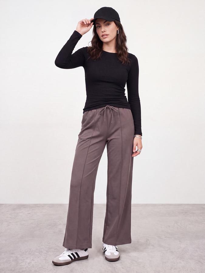 R&B Women Taupe Textured Relaxed Fit Casual Pant