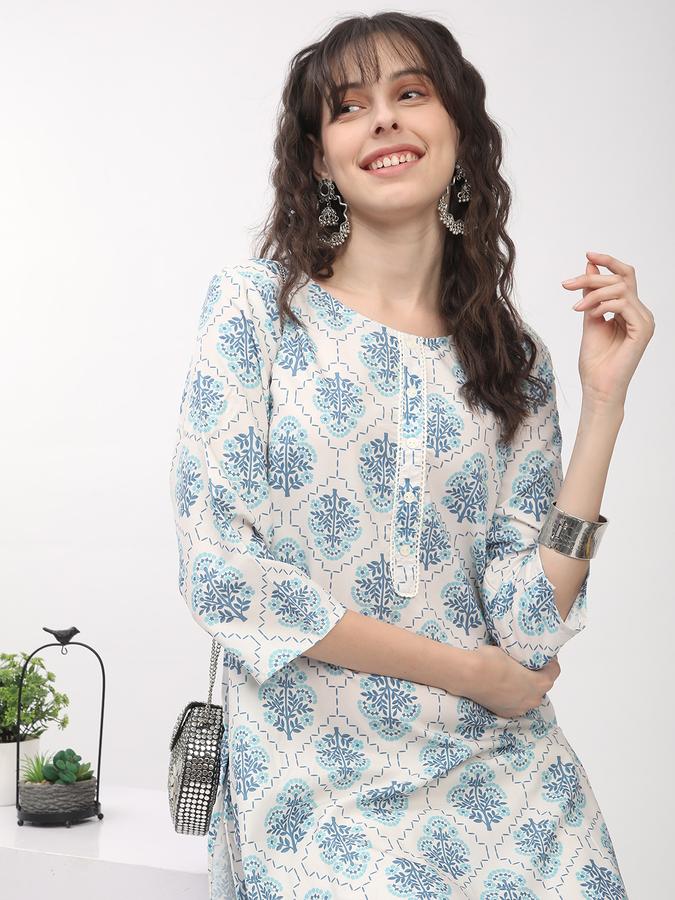 Women's regular fit casual white floral printed kurta with placket and 3/4th sleeves 