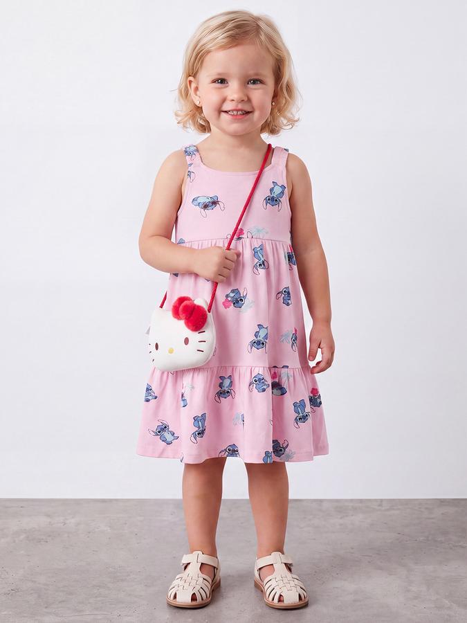 R&B Girls Pink Stitch Printed Strappy Tiered Dress