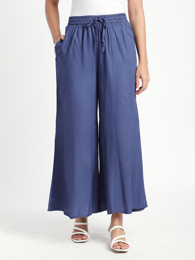 Women Cotton Wide Leg High Rise Solid Pants