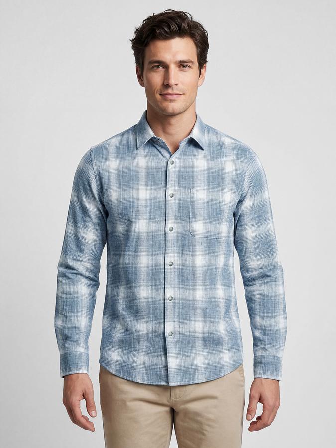 R&B Light Blue Checked Men Spread Collar Long Sleeves Shirt
