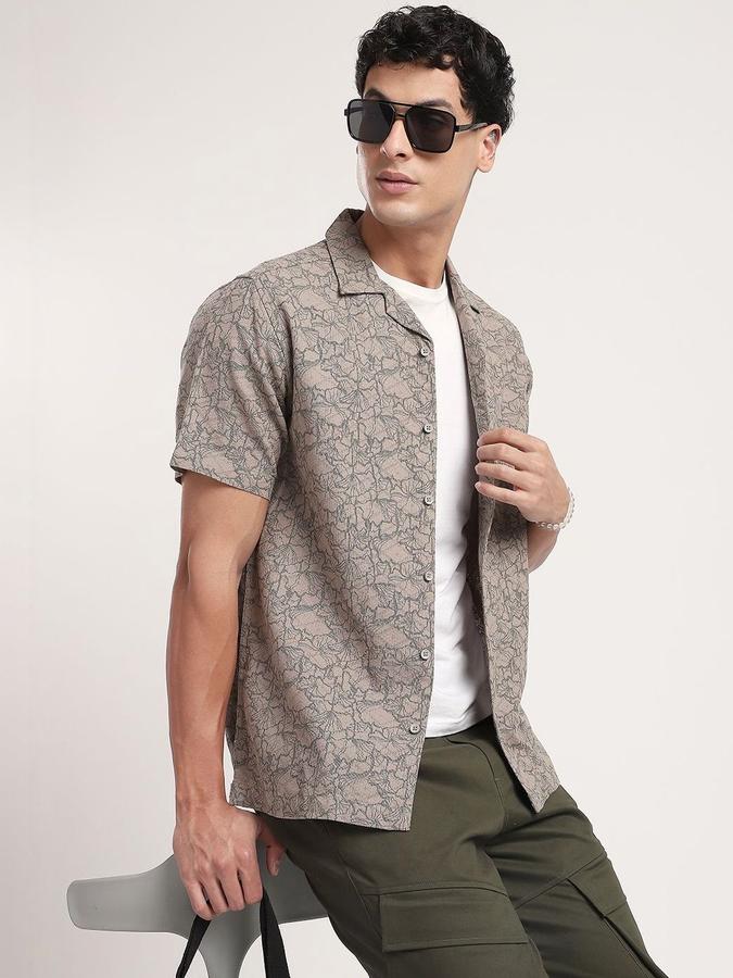 R&B Men Olive Floral Print Half Sleeves Cuban Collar Relaxed Fit Shirt
