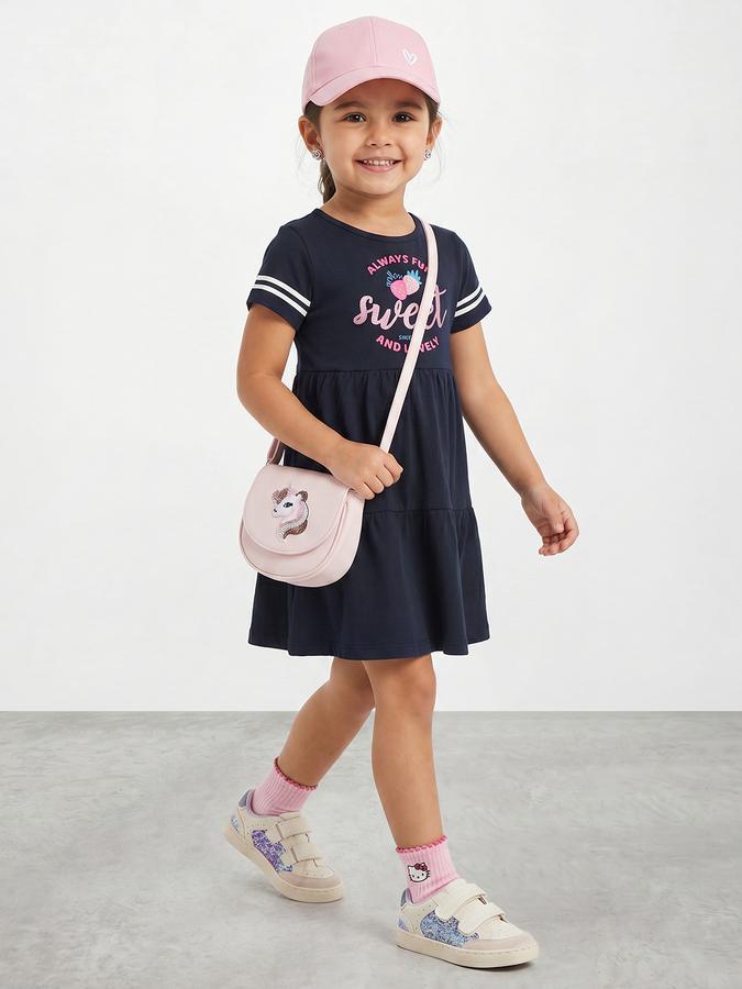 R&B Girl Navy Blue  Glitter Graphic Print Pure Cotton Short Sleeves Fit and Flare Dress