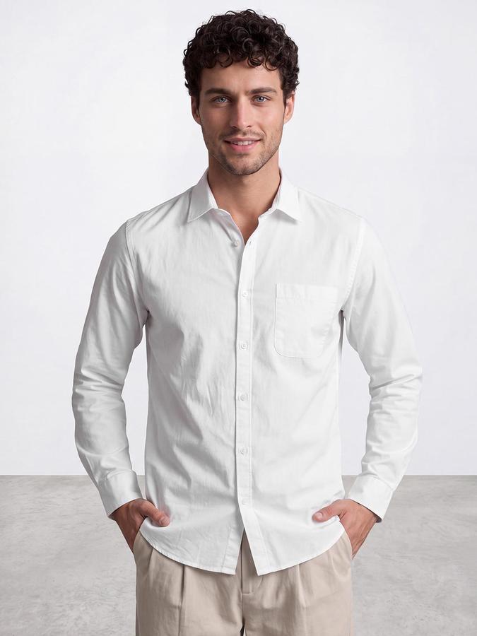 R&B Men White Solid Spread Collar Long Sleeves Shirt