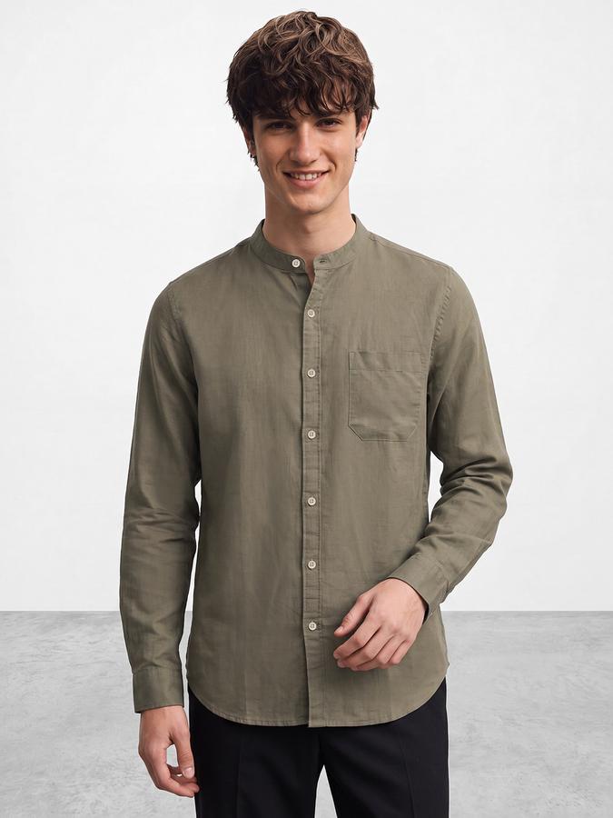 R&B Men's Olive Long Sleeves Slub Mandarin Collar Shirt