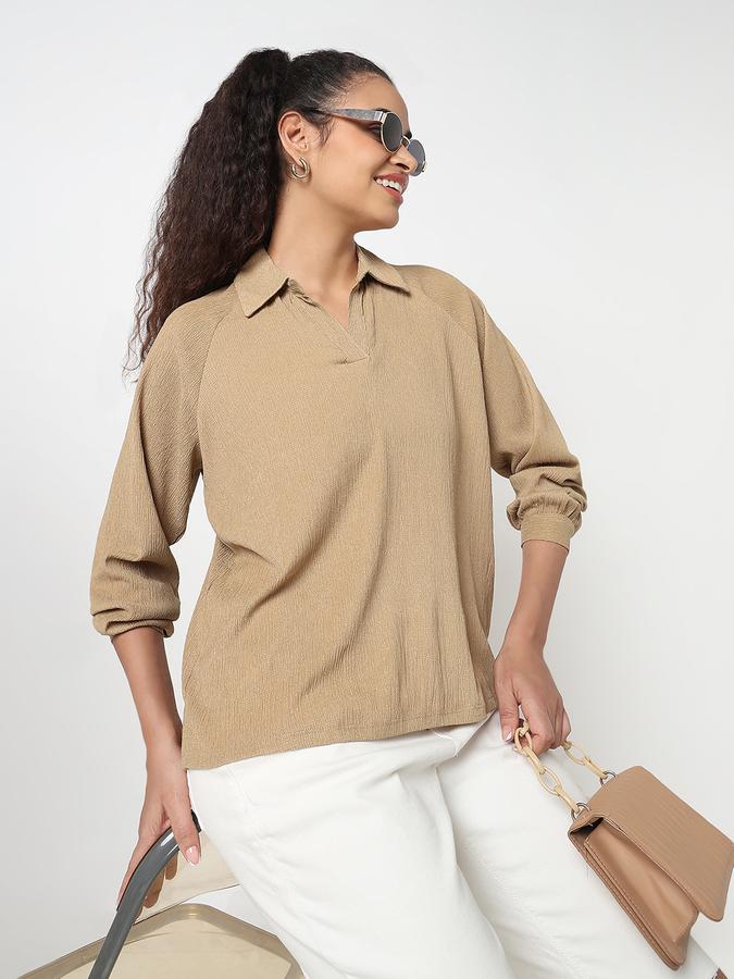 Women Polyester Relaxed Fit Shirt Collar Textured Top