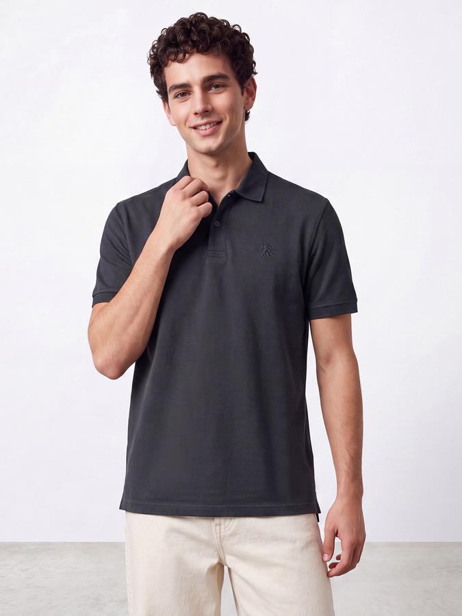 R&B Men Anthra Melange Solid Short Sleeves Pure Cotton Polo Collar Tshirt