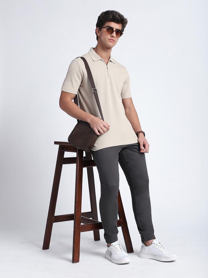 Men Cotton Regular Fit Polo Neck Textured T-shirt