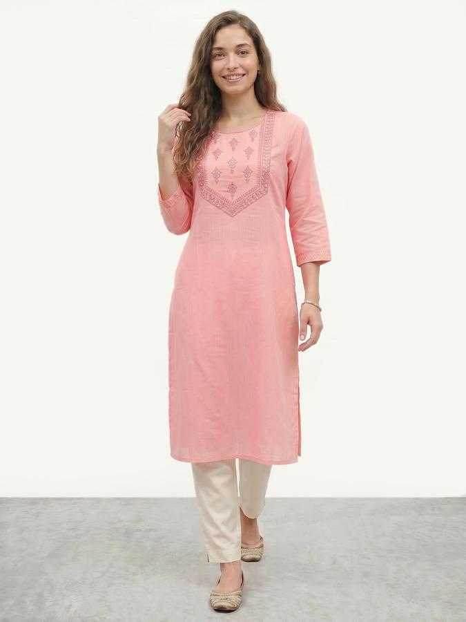 R&B Women Peach Embroidered Round Neck Three-Quarter Sleeves Calf Length Straight Kurta 