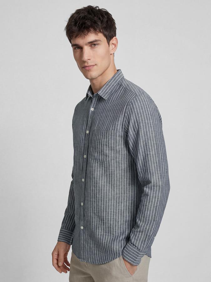 R&B Blue Striped Men Spread Collar Long Sleeves Shirt