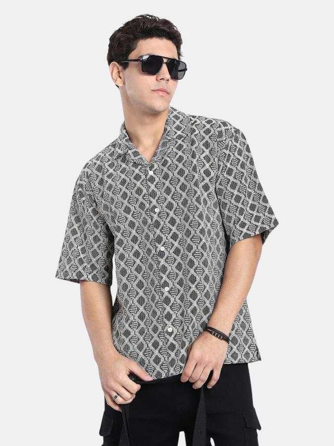 R&B  Black Textured Men Short Sleeves Regular Fit Shirts