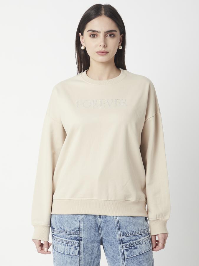 R&B Women Beige Solid Sweatshirt