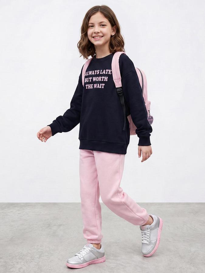 R&B Girls Dark Blue Typography Print Round Neck Long Sleeves Sweatshirt