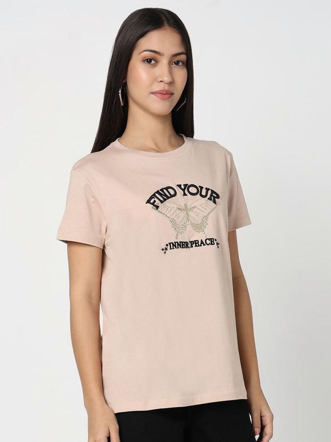 R&B Womens Ivory Typography Printed  Round Neck Short Sleeves T-shirt