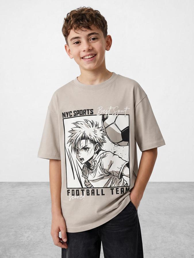 R&B Boys Grey Short sleeve Round Neck Game On Football Graphics Bold Graphic Pure Cotton T-Shirt