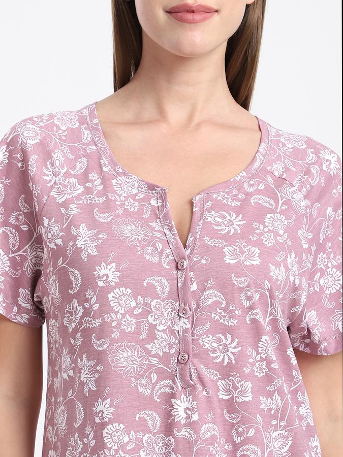 Women Cotton Regular Fit Round Neck Floral Night Shirt