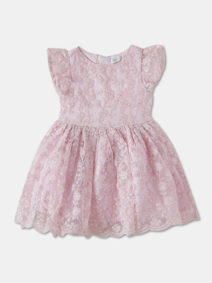 R&B Girls Pink Self Cap Sleeves Round Neck Knee Length Fit &amp; Flare Dress