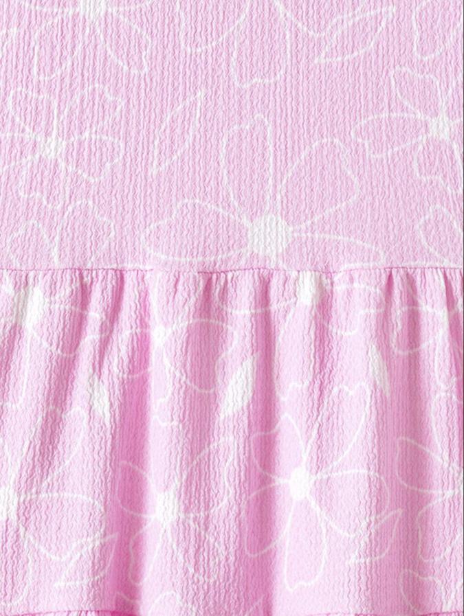 R&B Pink Floral Printed Girls Short Sleeves Dress