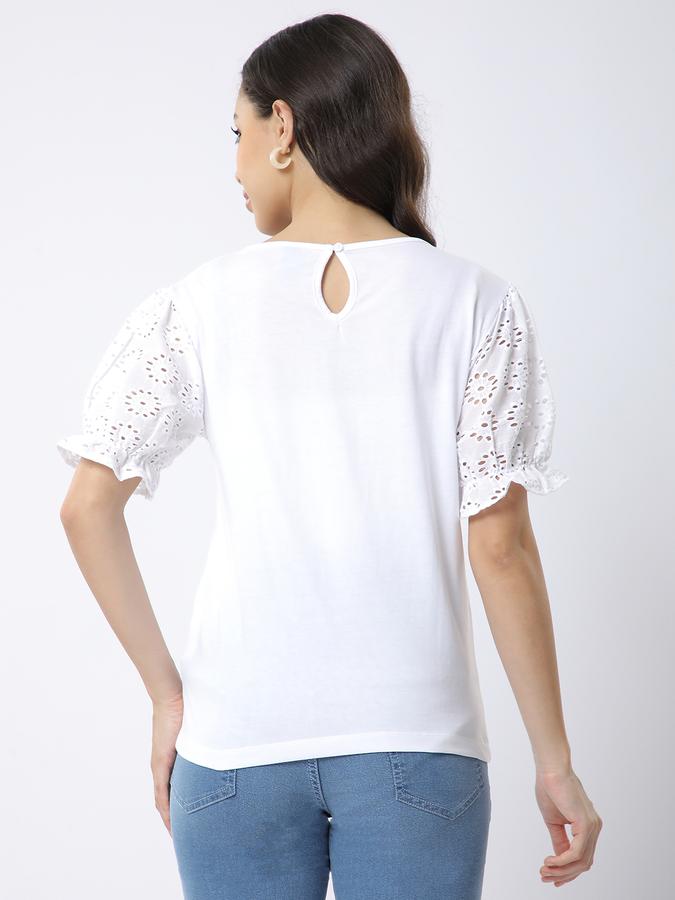 R&B Women White Solid Eyelet-Sleeve Top